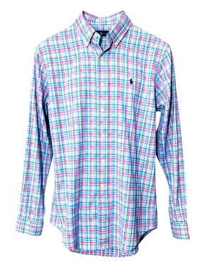 RALPH LAUREN  Mens (L) Baby Blue/Pink Plaid 100% Cotton Madras Button-Up Shirt